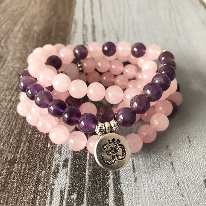 Mala necklace in Amethyst and Rose Quartz