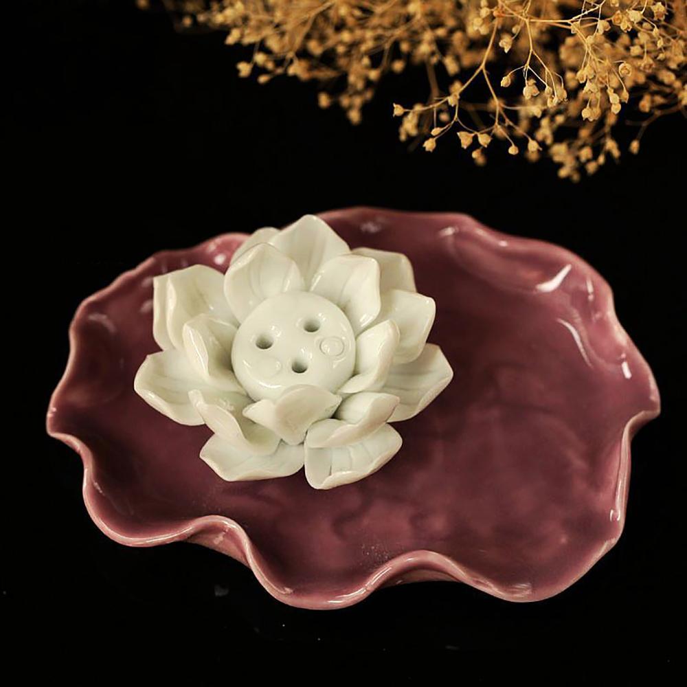 Porte Encens Lotus en Céramique Portes Encens Artisan d'Asie Violet foncé - Lotus blanc 