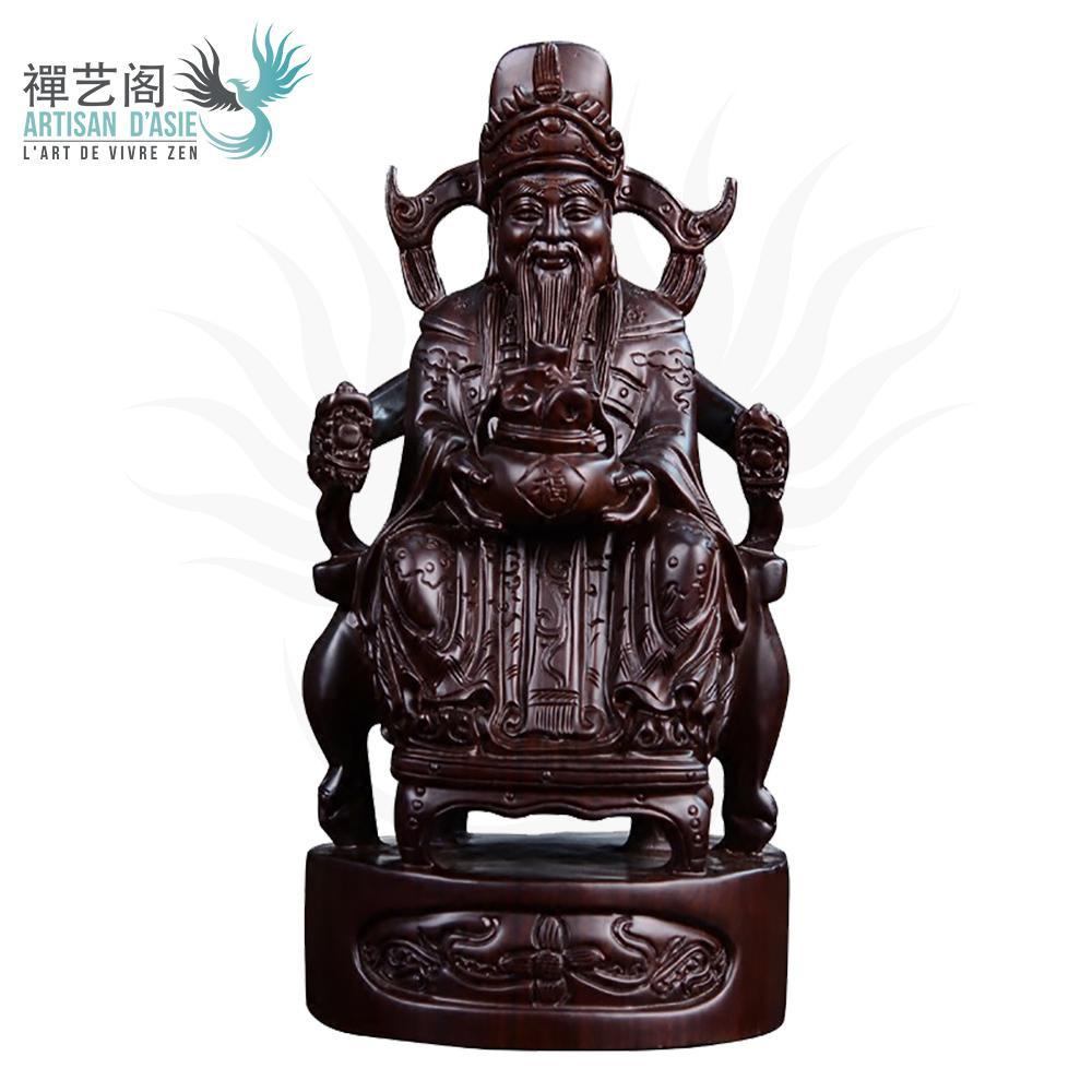 Statue dieu de la fortune Caishen assis ou debout en bois de santal noir ou bois de padouk Statues Asiatiques Artisan d'Asie 20 cm - Assis Bois de santal noir 